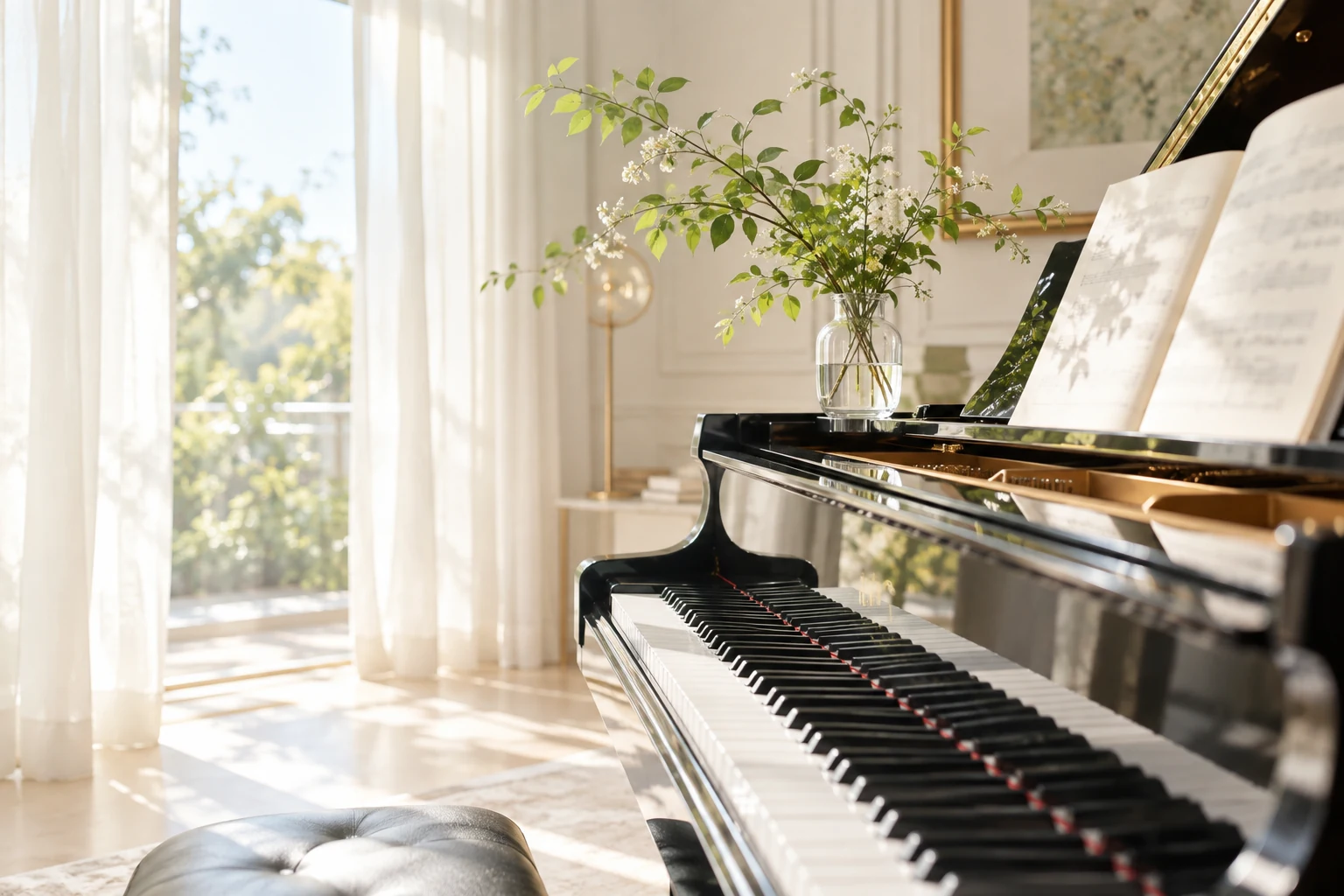 窓から朝の光が差し込む、ピアノと緑のある音楽室のイメージ